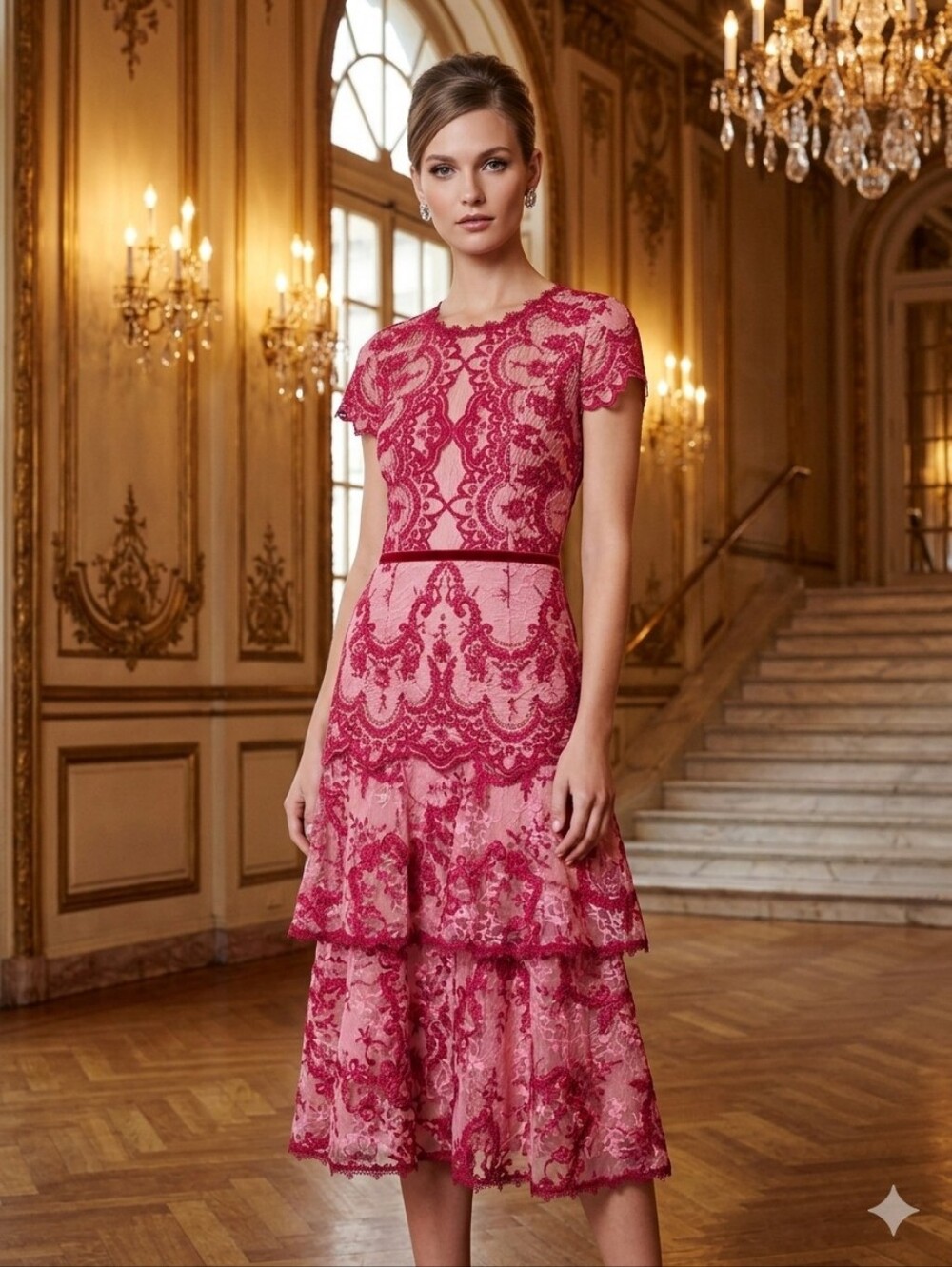 Marchesa Notte Women's Luxury Pink Lace Tiered Cocktail Midi Dress Size 2